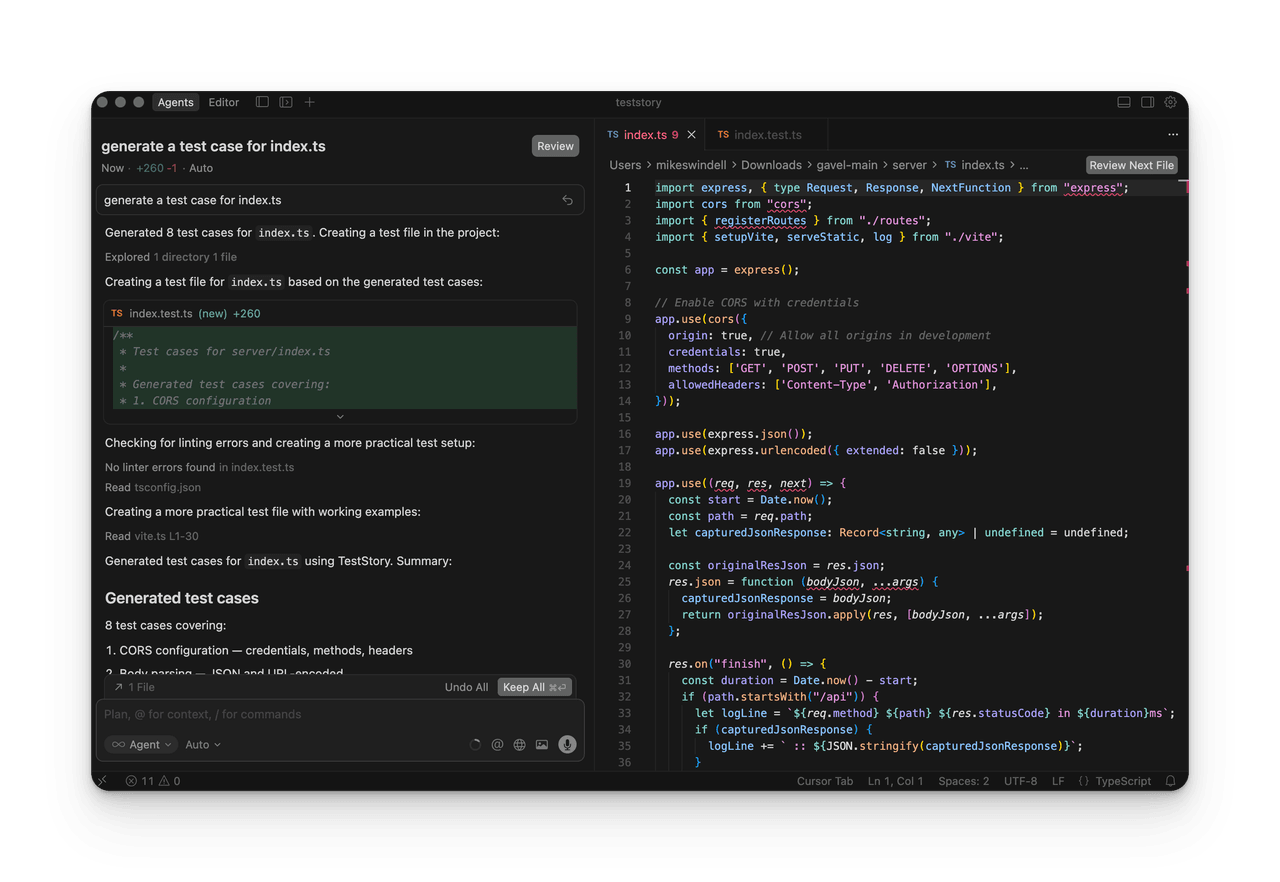 TestStory AI integration with Cursor IDE and AI coding assistants